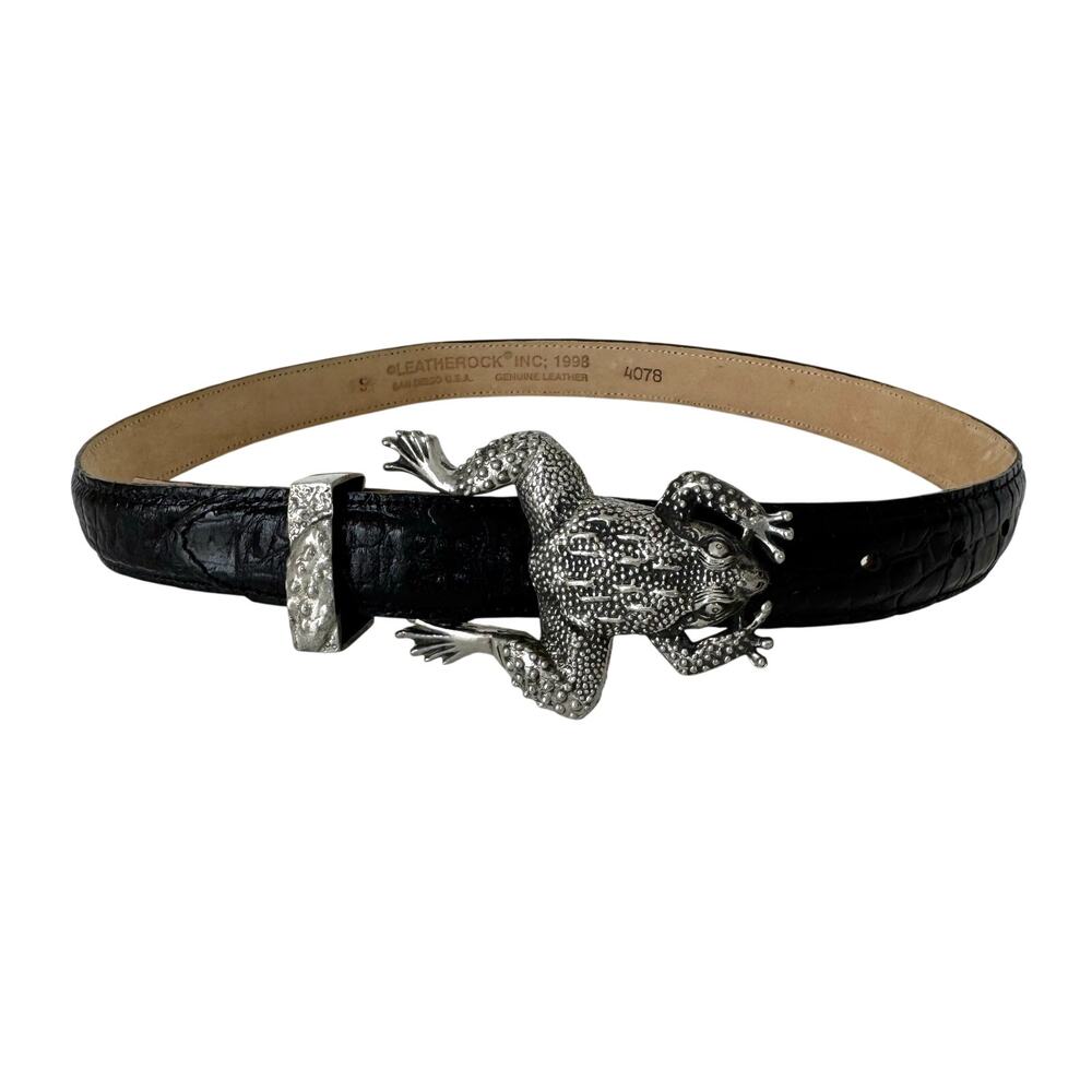 Hartnell Silver Frog Buckle w/ Leatherock Croc-Embossed Leather Belt S Vtg 1998